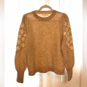 Sezane Floral Sleeve Mohair Crewneck Sweater - Camel